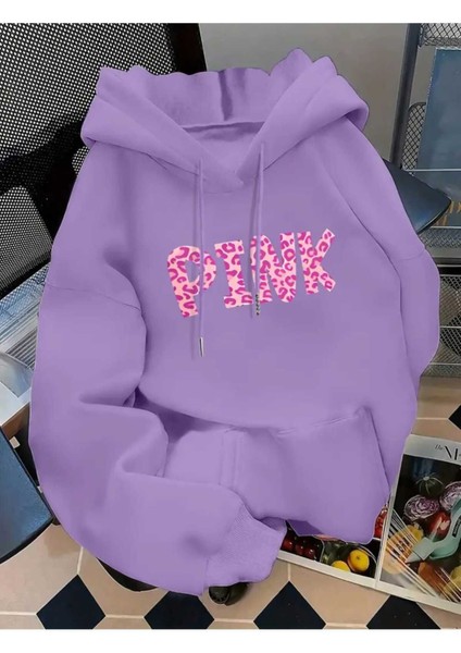 Pink Desen Baskılı Kapüşonlu Cepli Pamuklu Lila Sweatshirt