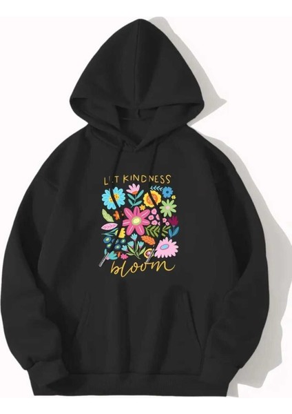 Let Kindness Baskılı Kapüşonlu Cepli Pamuklu Siyah Sweatshirt