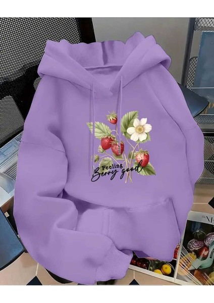 Berry Good Baskılı Kapüşonlu Cepli Içi Yünlü Lila Sweatshirt