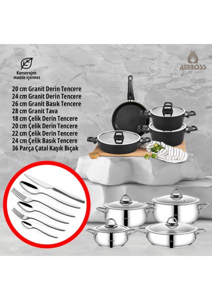51 Parça İdeal Paslanmaz Çelik ve Döküm Yanmaz Yapışmaz Tencere Çatal Bıçak Kaşık Çeyiz Seti