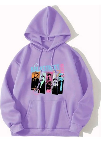 Backstreet Boys Baskılı Kapüşonlu Cepli Içi Yünlü Lila Sweatshirt