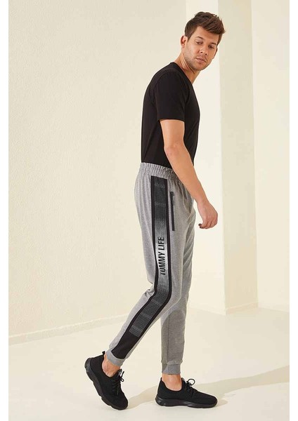 Gri Melanj Fermuar Cepli Baskılı Standart Kalıp Jogger Erkek Eşofman Alt - 84657 modelleri
