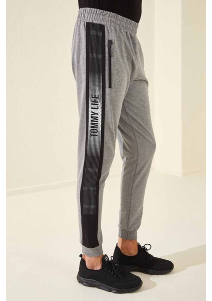 Gri Melanj Fermuar Cepli Baskılı Standart Kalıp Jogger Erkek Eşofman Alt - 84657 fırsatları