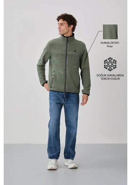 Çağla Yazı Nakışlı Dik Yaka Fermuarlı Standart Kalıp Erkek Sweatshirt Polar - 87992