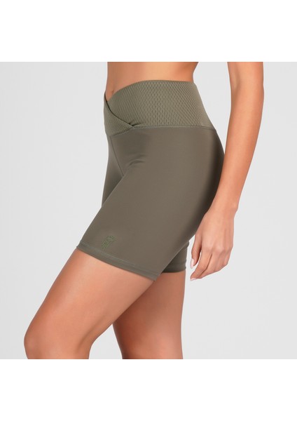 Haki Toparlayıcı Kruvaze Bel Detaylı Bisikletçi Şortu Kısa Tayt Vela