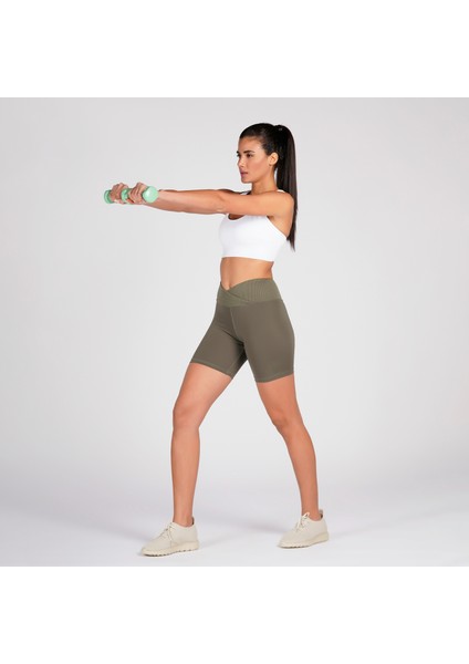 Haki Toparlayıcı Kruvaze Bel Detaylı Bisikletçi Şortu Kısa Tayt Vela modelleri
