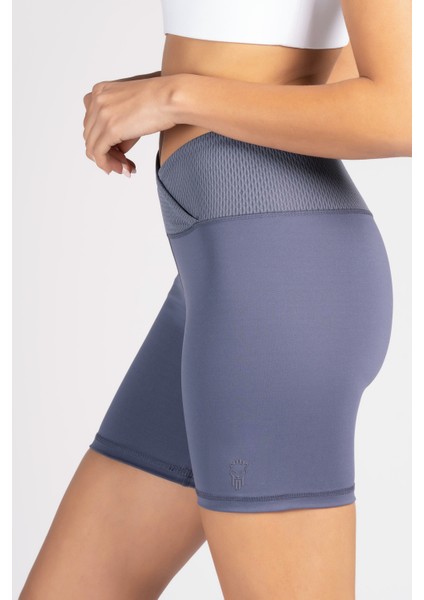 Gri Toparlayıcı Kruvaze Bel Detaylı Bisikletçi Şortu Kısa Tayt Vela