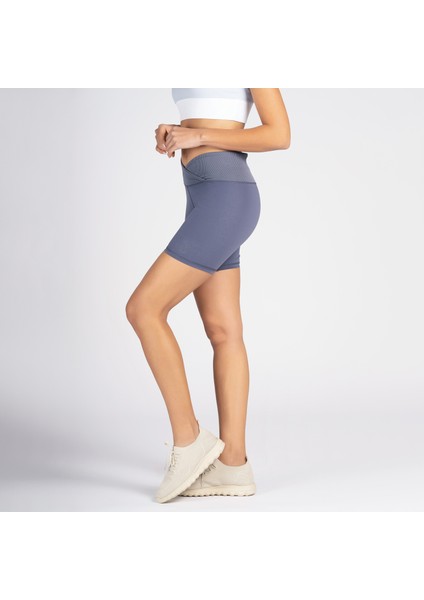 Gri Toparlayıcı Kruvaze Bel Detaylı Bisikletçi Şortu Kısa Tayt Vela