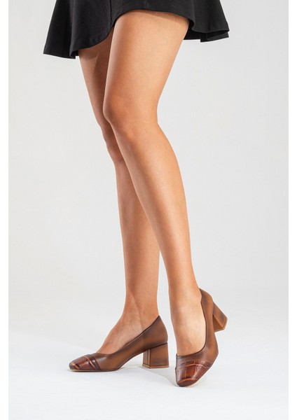 Kadın Kahverengi Desenli Hakiki Deri Küt Burun Özel Tasarım Günlük Klasik Topuklu Ayakkabı