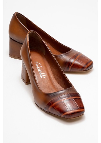 Kadın Kahverengi Desenli Hakiki Deri Küt Burun Özel Tasarım Günlük Klasik Topuklu Ayakkabı fırsatları