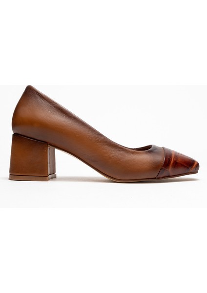 Kadın Kahverengi Desenli Hakiki Deri Küt Burun Özel Tasarım Günlük Klasik Topuklu Ayakkabı indirimleri