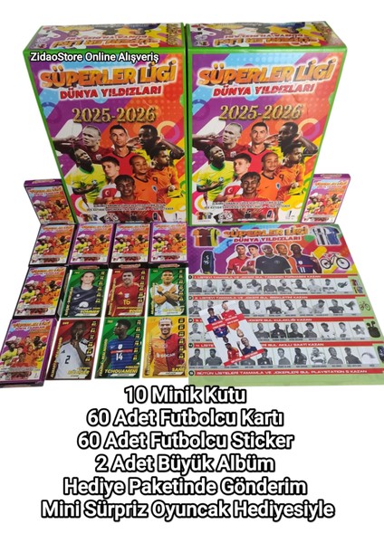 Süperler Ligi Dünya Yıldızları 2025-2026 60 Kart 60 Sticker 10 Kutu 2 Albüm + Sürpriz Hediye Oyun Kağıtları fiyatları