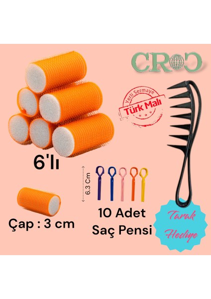 1224 Turuncu 6'lı Bigudi 3 cm +10'lu Saç Pensi Cırtlı Saç Bigudisi