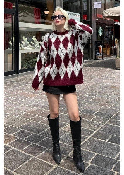 Bordo Bisiklet Yaka Şardonlu Baklava Desenli Kazak MG2493 fiyatları