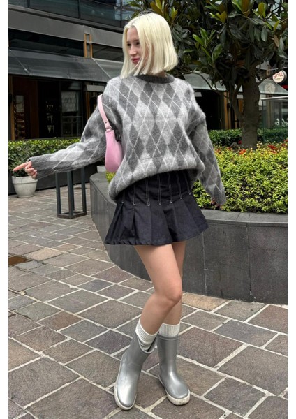 Antrasit Bisiklet Yaka Şardonlu Baklava Desenli Kazak MG2493