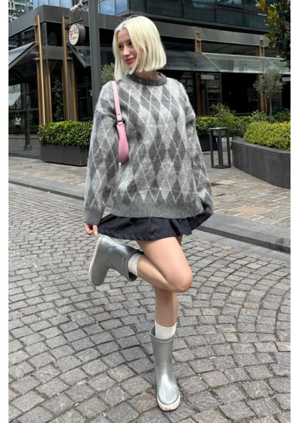 Antrasit Bisiklet Yaka Şardonlu Baklava Desenli Kazak MG2493 fırsatları