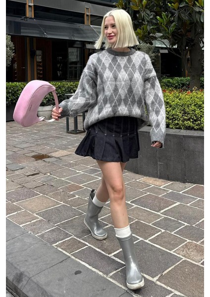 Antrasit Bisiklet Yaka Şardonlu Baklava Desenli Kazak MG2493 indirimleri