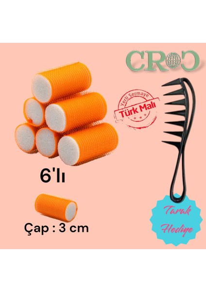 1224 Turuncu 6'lı Mini Paket Bigudi Cırtlı Saç Bigudisi Çap 3 cm