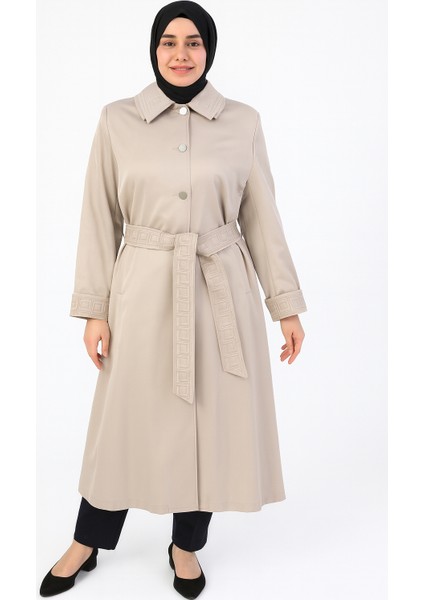 Kadın Taş Gri Kemerli Uzun Kap - Şık Düğmeli Tesettür Dış Giyim modelleri