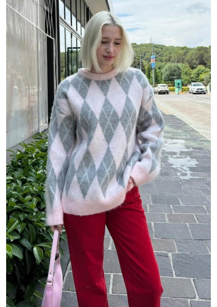Pembe Bisiklet Yaka Şardonlu Baklava Desenli Kazak MG2493