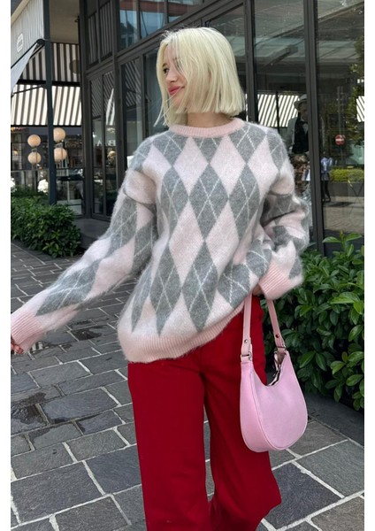 Pembe Bisiklet Yaka Şardonlu Baklava Desenli Kazak MG2493 fiyatları