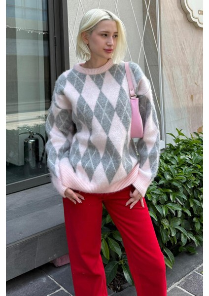 Pembe Bisiklet Yaka Şardonlu Baklava Desenli Kazak MG2493 modelleri