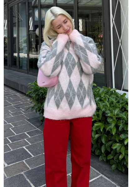 Pembe Bisiklet Yaka Şardonlu Baklava Desenli Kazak MG2493 fırsatları