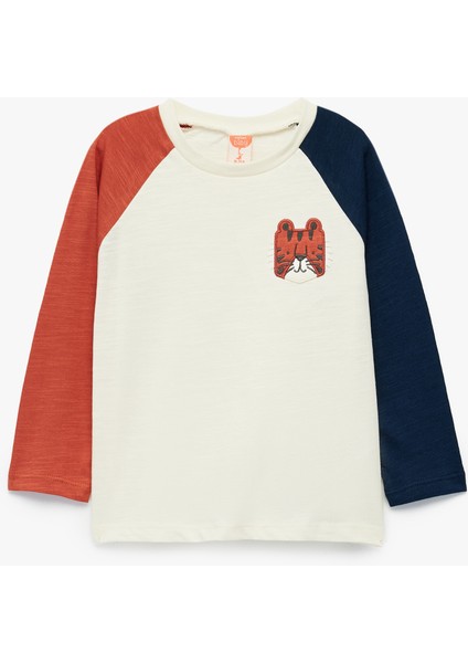 Pamuklu Nakışlı Uzun Kollu Renk Bloklu Bisiklet Yaka Tişört