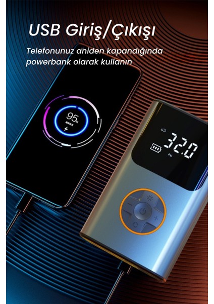 4000 Mah Şarjlı Taşınabilir Araba Lastik Hava Top Şişirme Pompası LED Işıklı Dijital Hava Kompresörü