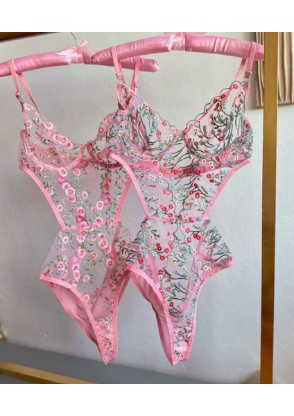Kadın Pembe Çiçekli Transparan Bodysuit Iç Çamaşır Takımı