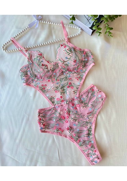 Kadın Pembe Çiçekli Transparan Bodysuit Iç Çamaşır Takımı fiyatları