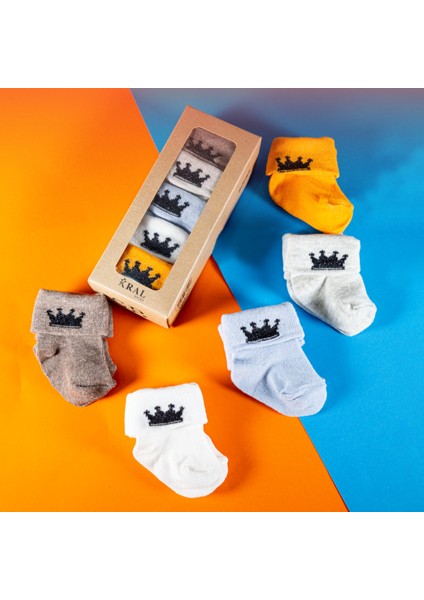 5 Çift Erkek Bebek Çorap Kutulu Patik Boy – Taç Desenli, Pamuklu modelleri