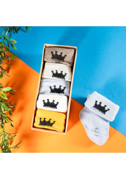 5 Çift Erkek Bebek Çorap Kutulu Patik Boy – Taç Desenli, Pamuklu indirimleri