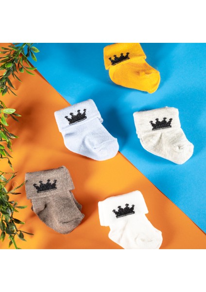 5 Çift Erkek Bebek Çorap Kutulu Patik Boy – Taç Desenli, Pamuklu