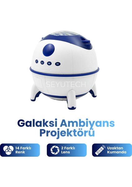 Galaksi Ambiyans Işığı Projektör 14 Farklı Renk Yıldızlı Galaksi Gökyüzü Ses Efektli Gece Lambası