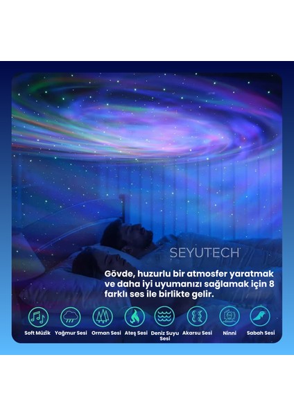 Galaksi Ambiyans Işığı Projektör 14 Farklı Renk Yıldızlı Galaksi Gökyüzü Ses Efektli Gece Lambası modelleri