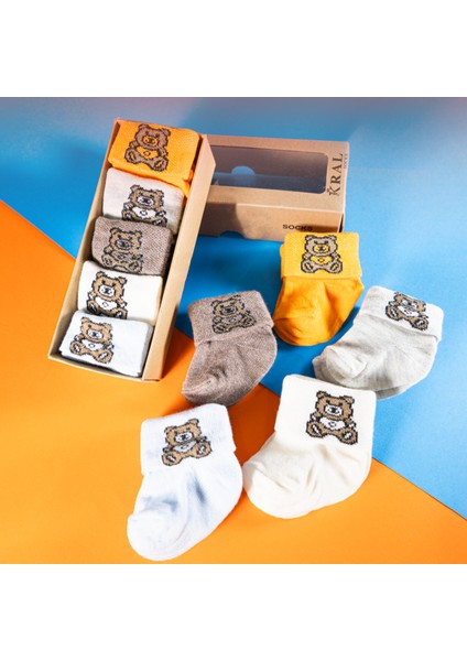 5 Çift Erkek Bebek Çorap Kutulu Patik Boy – Ayıcık Desenli, Pamuklu