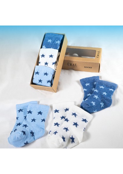 6 Çift Erkek Bebek Çorap Kutulu Patik Boy – Yıldız Desenli, Pamuklu