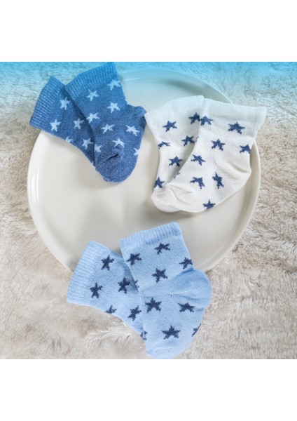 6 Çift Erkek Bebek Çorap Kutulu Patik Boy – Yıldız Desenli, Pamuklu