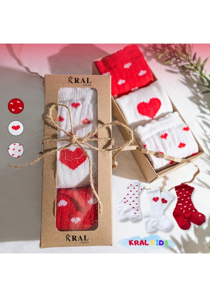 3 Çift Kutulu Kalp Desenli Bebek Çorabı - Uzun Pamuklu Çorap Seti / 6-18 Ay