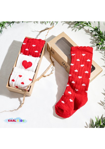 3 Çift Kutulu Kalp Desenli Bebek Çorabı - Uzun Pamuklu Çorap Seti / 6-18 Ay indirimleri