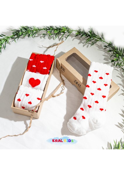 3 Çift Kutulu Kalp Desenli Bebek Çorabı - Uzun Pamuklu Çorap Seti / 6-18 Ay