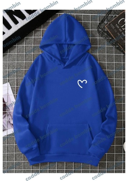 Yarım Kalp Sweatshirt - Sax Mavi Baskılı Oversize Kışlık Kalın