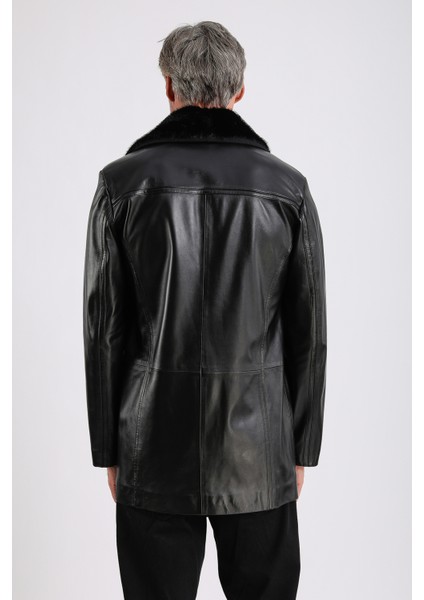 Barella Erkek Siyah Yaka Kürklü Deri Kaban