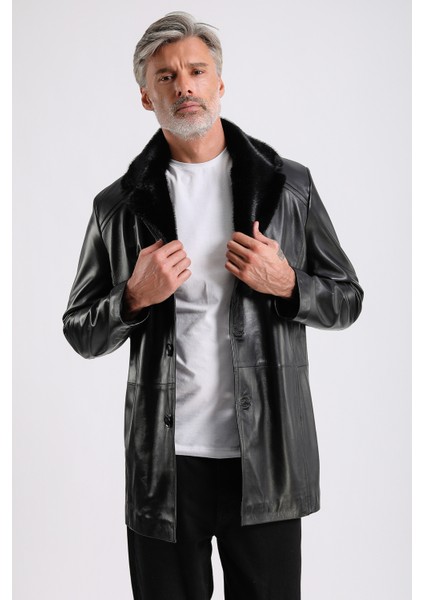 Barella Erkek Siyah Yaka Kürklü Deri Kaban