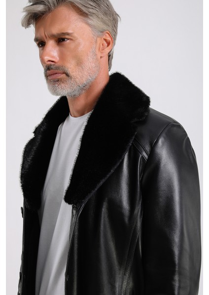 Barella Erkek Siyah Yaka Kürklü Deri Kaban