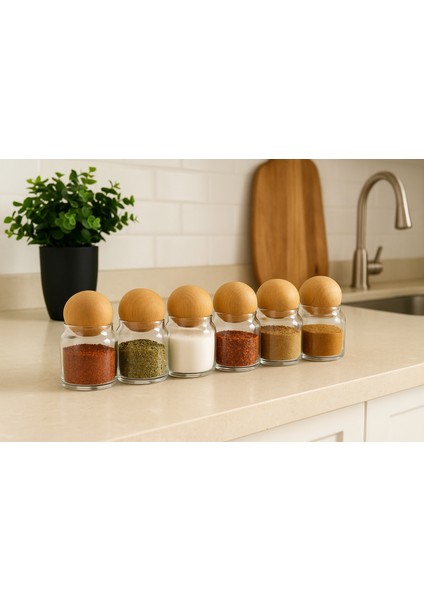 6'lı Top Kapaklı 300 ml Cam Baharat Kavanozu
