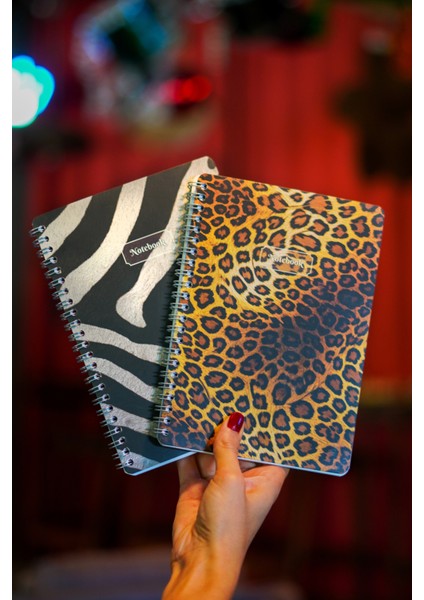 A5 Spiralli Karton Kapak 2'li Set Kareli Ders Programlı Not Okul Defteri - Leopar, Zebra