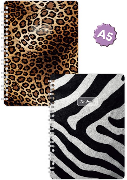 A5 Spiralli Karton Kapak 2'li Set Kareli Ders Programlı Not Okul Defteri - Leopar, Zebra fırsatları