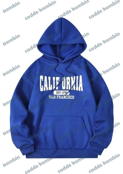 Califor Ornia 1776 Sweatshirt - Sax Mavi Baskılı Oversize Kışlık Kalın